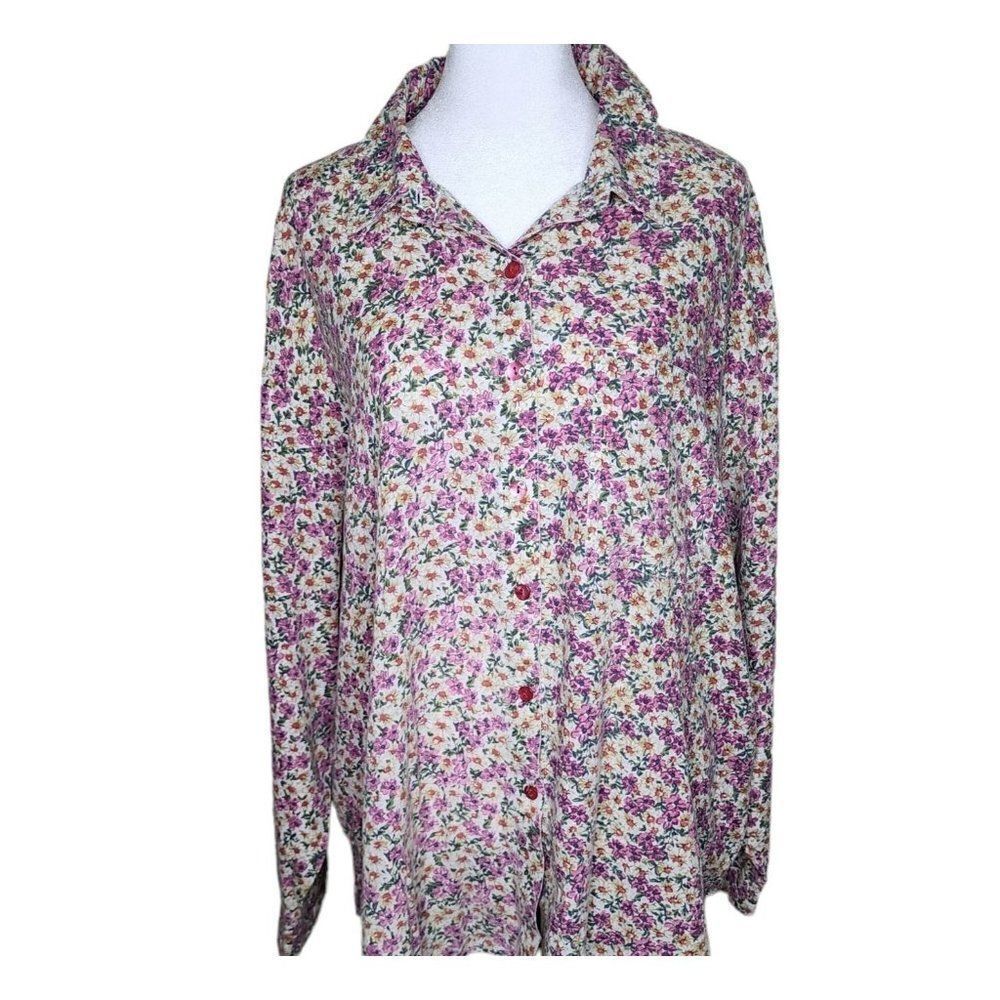 Vintage 80s Blouse Tunic Oversized Shirt Womens Size 2XL Pink Floral Button Up